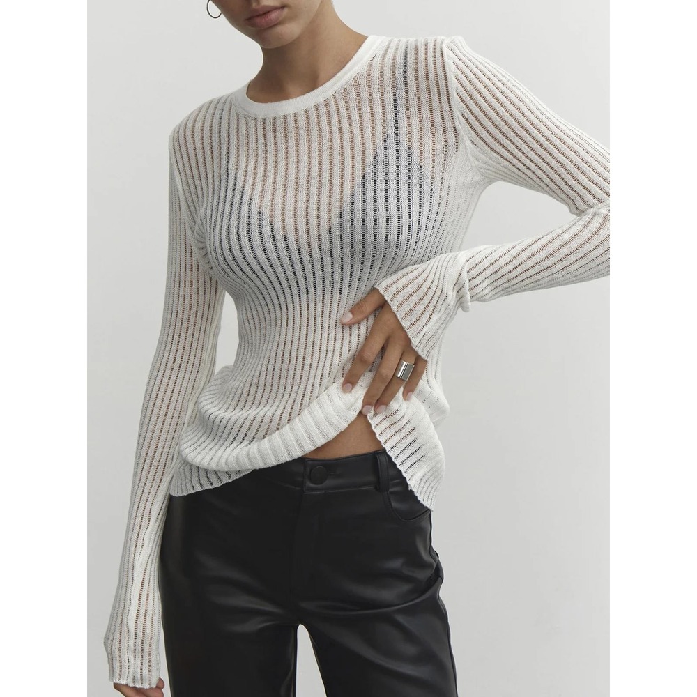 COMMENSE White See Through Ribbed Mesh Long Sleeve Knit Top Size M